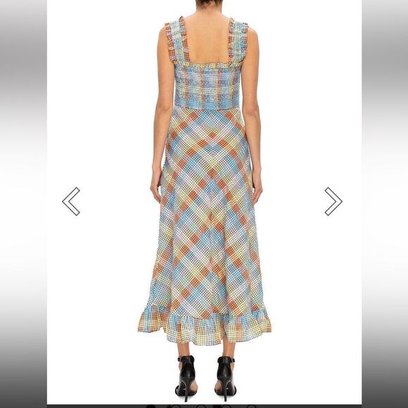 GANNI SEERSUCKER CHECK SLEEVELESS MIDI DRESS smocked cotton summer 42 L - Picture 5 of 14